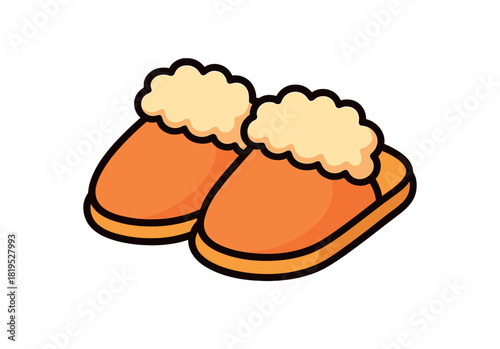 Single pair of cozy slippers with fur trim flat vector style bold outline sticker look bright warm palette isolated on transparent background centered no face