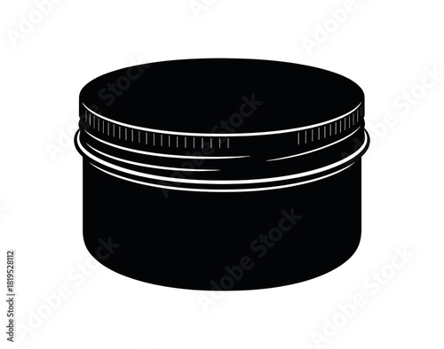 Aluminum tin with screw lid black silhouette with thread and rim line details flat cosmetics eco packaging