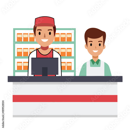 Two Supermarket Employees Standing at Cash Register Vector Illustration