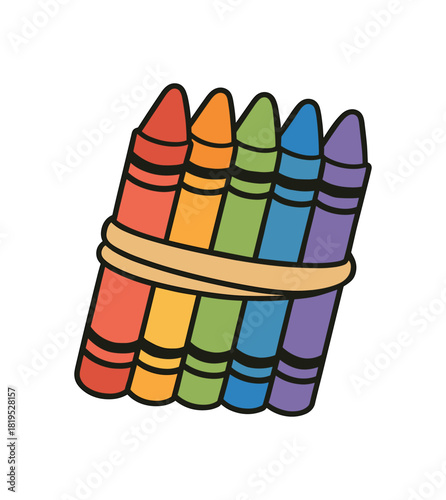 Flat vector illustration of crayons bundle tied together rounded shapes minimal kids art detail