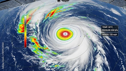 Global satellite view of a powerful hurricane with detailed weather data. Climate change and extreme weather event monitoring. Global warming footage.