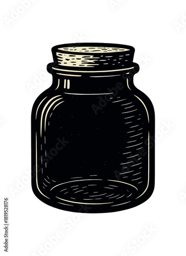 Glass jar with cork lid black silhouette with wide body and texture line details zero waste storage container