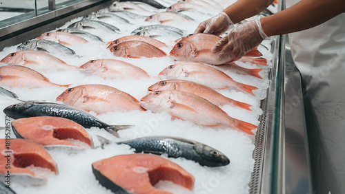 Fishmonger Arranging Fresh Red Snapper on Ice Bed