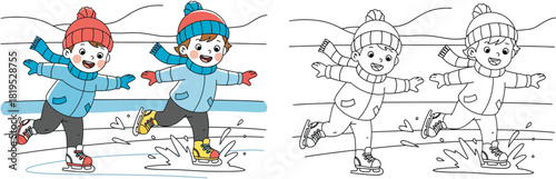 Cartoon little boy ice skating on frozen lake, winter outdoor activity, coloring book page for kids, vector illustration with colored and black and white outline versions