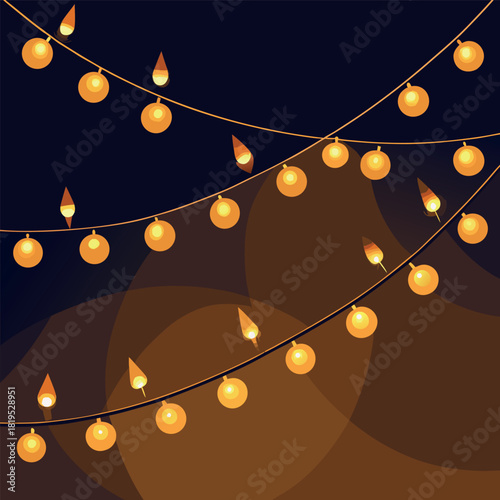 Warm golden string lights hanging in gentle curves against a dark night background, glowing softly with a cozy festive atmosphere.