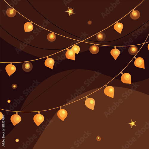 Warm golden string lights hanging in gentle curves against a dark night background, glowing softly with a cozy festive atmosphere.