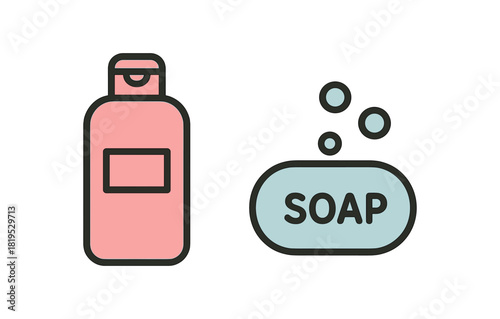 2 minimal icons shower gel bottle colored pink soap bar colored light blue