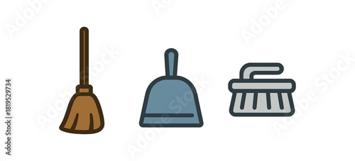 minimal icons broom colored wood brown dustpan colored blue brush colored light gray