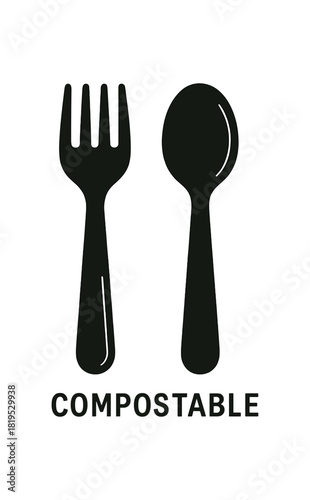 Compostable fork and spoon set black silhouettes with edge and curve lines flat zero waste utensil kit