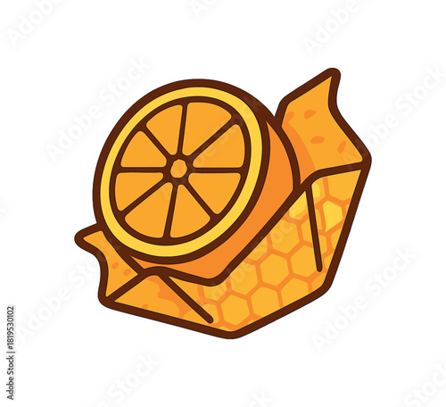 Single beeswax food wrap folded around half fruit flat vector style bold outline sticker look bright warm palette isolated on transparent background centered no face no shadow