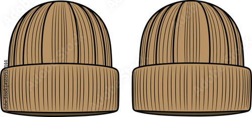 Brown knitted winter beanie hats with folded brim shown in detailed cartoon style illustration ideal for cold weather fashion accessories and seasonal vector designs