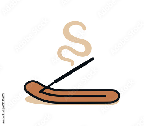Flat vector illustration of incense stick holder with soft rising smoke curved lines rounded shapes