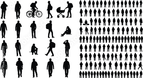 Collection of human silhouette figures in various poses and activities, vector illustration for design, animation, behavior study, and creative visual references.