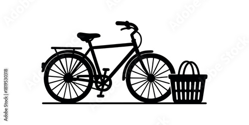Bike parked near reusable basket black silhouette with wheel and cargo line accents eco transport lifestyle
