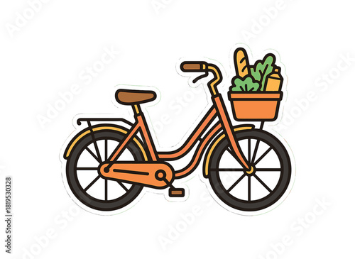 Single city bicycle with front basket for groceries flat vector style bold outline sticker look bright warm palette isolated on transparent background centered no face no shadow