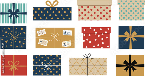 Colorful gift box collection featuring assorted patterns, bows, ribbons, stars, stripes and polka dots for festive holiday packaging, celebration decoration and seasonal vector illustrations