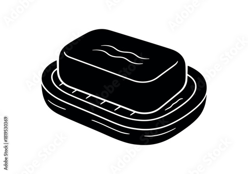 Solid soap bar on wooden dish black silhouette with groove and water line details sustainable hygiene habit