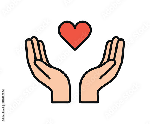 Flat vector illustration of open hands with small heart or symbol above rounded shapes clean outline