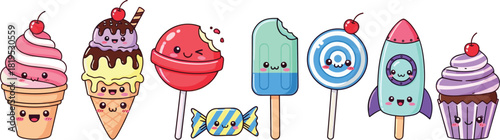 Cute kawaii ice cream sweets and candy characters in colorful cartoon style illustration featuring playful desserts with happy faces for fun vector designs