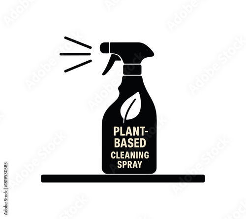 Plantbased cleaning spray on shelf black silhouette with bottle and spritz line details eco home maintenance