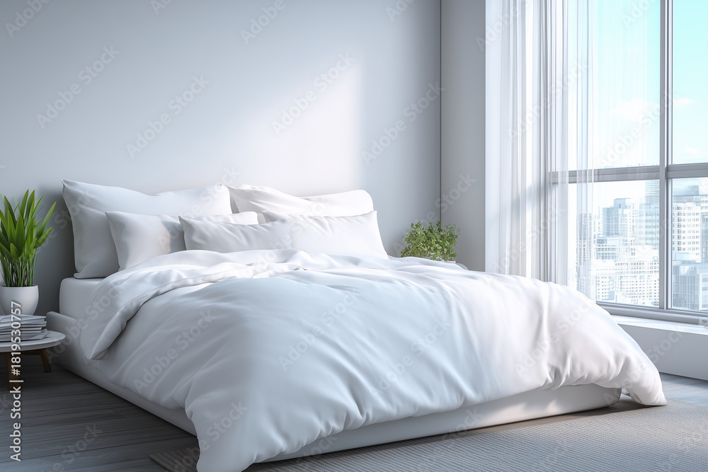 Obraz premium A white bed with a white comforter and white pillows