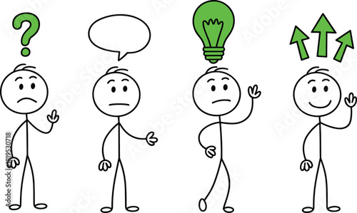 Stick figure characters showing confusion, communication, ideas, and positive growth using question marks, speech bubbles, light bulbs, and arrows for business concepts