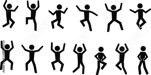 Stick figure illustration set showing dynamic dance and exercise poses, black silhouette vector for motion design, choreography, fitness, and animation reference.