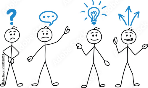 Stick figure thinking progression from confusion to idea and action, conceptual vector illustration for problem-solving, creativity, decision-making, and educational themes.