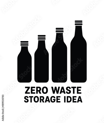 Reused glass bottles lined up black silhouette with height and cap lines zero waste storage idea
