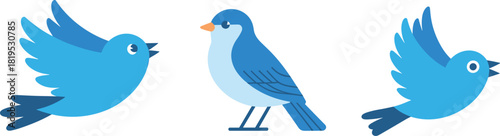 Stylized blue bird illustration set in flight and standing poses, vector artwork for nature, wildlife, design, and artistic contrast themes.