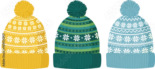 Winter knitted beanie hats with pom-poms featuring Nordic snowflake patterns in warm seasonal colors for cozy cold-weather fashion and festive holiday vector illustrations