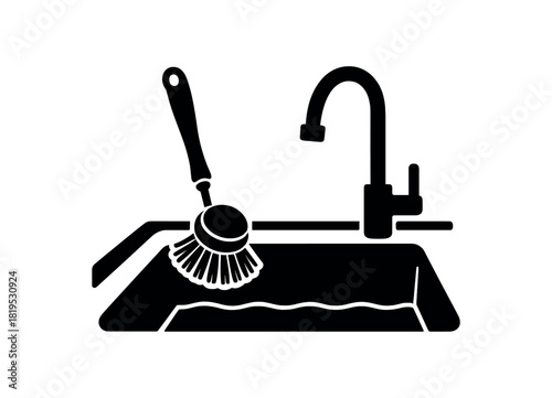 Wooden dish brush beside sink black silhouette with bristle and water line accents eco kitchen detail