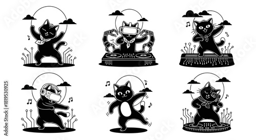 Black and white cartoon illustrations of cats in virtual reality and DJ settings dancing happily on technological platforms surrounded by musical notes and clouds in minimalist style