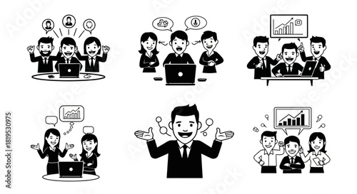 Collection of black and white cartoon illustrations depicting business people collaborating and sharing ideas in various meeting and discussion settings