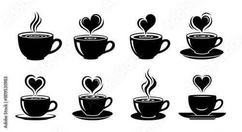 Set of black and white coffee cups with heart shaped steam, hot beverage icons, love for coffee concepts, stylized drink illustrations, warm romantic morning graphics