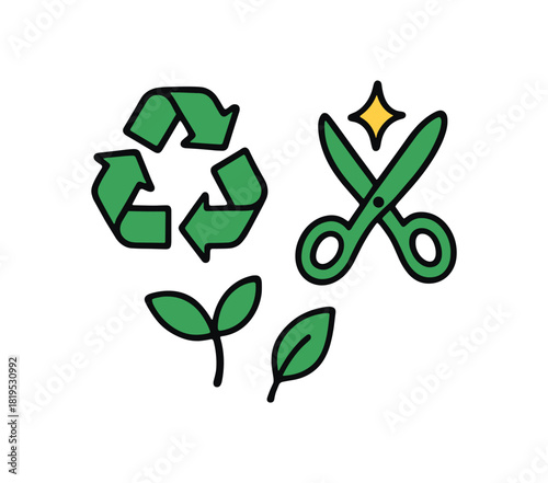 Cute doodle eco sustainability collection flat vector illustration bold handdrawn outlines bright solid fills isolated on white clean white space sticker style minimal detail upcycle arrows