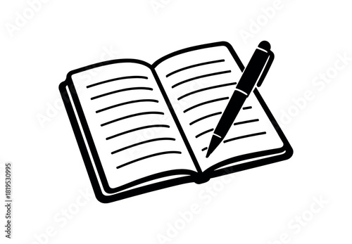 Open notebook with pen resting black silhouette with page and line details quiet study moment vector