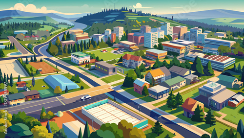 Very beautiful aerial drone view of Tigard, Oregon, showcasing suburban neighborhoods, tree-lined streets, parks, commercial areas, and road networks, capturing the harmonious mix of residential and b