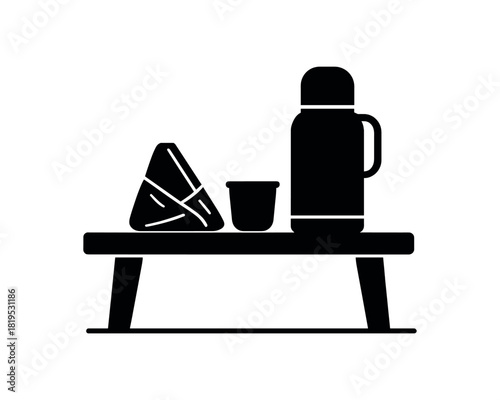 Thermos and sandwich pack on bench black silhouette with food wrap and cup lines flat lunch break style