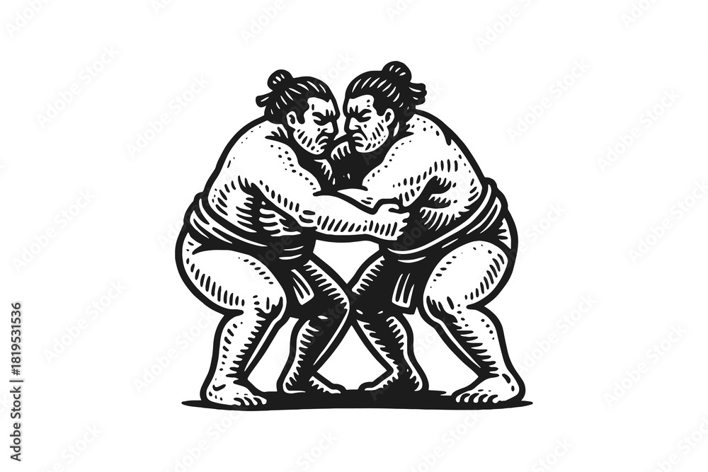Fototapeta premium Sumo wrestlers engraving style vector illustration
