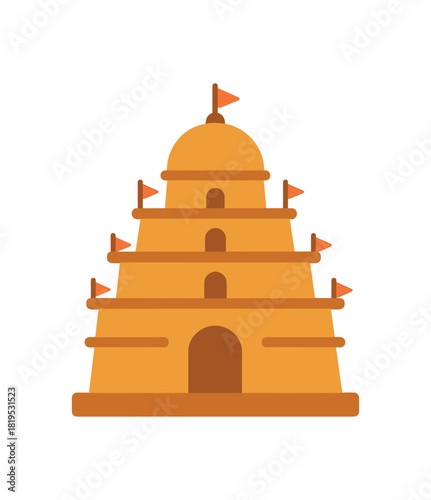 Flat vector illustration of Hindu temple tower with stepped levels and small flags rounded edges minimal detail