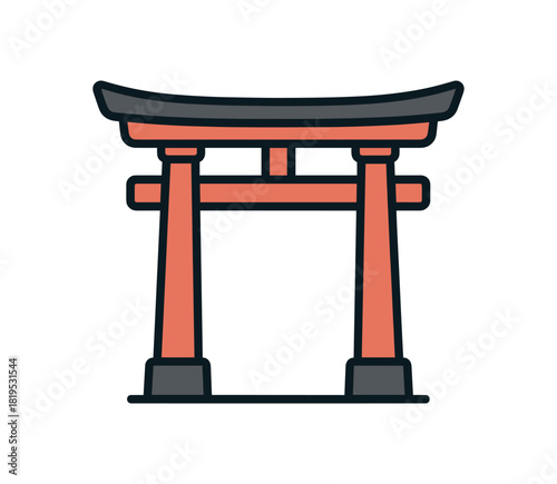 Flat vector illustration of Shinto torii gate with two pillars and crossbeam rounded corners clean outline