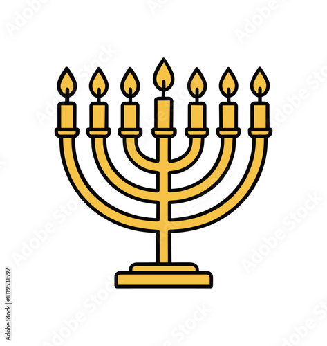 Flat vector illustration of menorah with candles on simple base rounded arms and flames clean outline