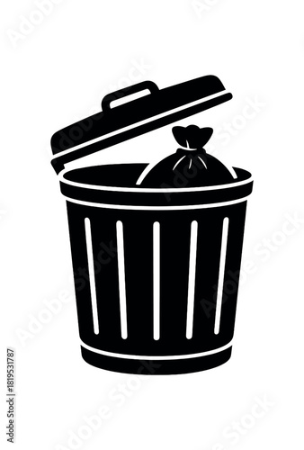 Trash bin with lid slightly open black silhouette with bag and rim line accents everyday cleanup detail