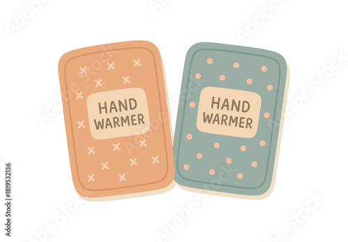 Cute flat vector illustration of hand warmers with tiny patterns soft rounded shapes pastel tones minimalistic cozy style