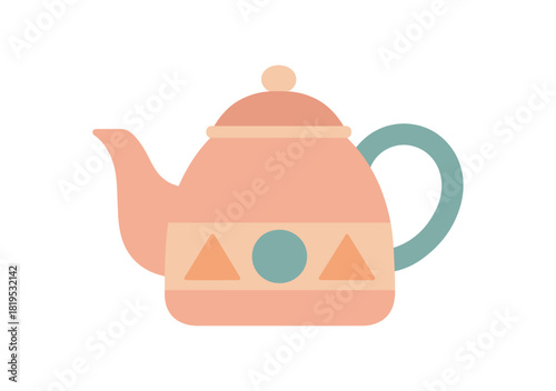 Flat vector illustration of cozy ceramic teapot with simple geometric accents pastel colors rounded shapes minimal details clean white background