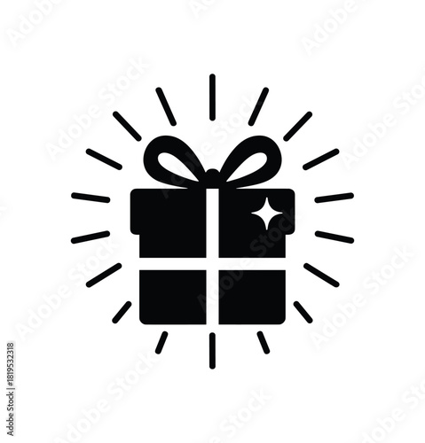 Gift box with ribbon and burst lines black silhouette with bow and shine detail promo packaging moment