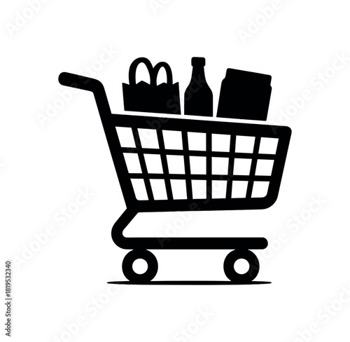 Shopping cart with items inside black silhouette with basket and wheel line accents retail action detail
