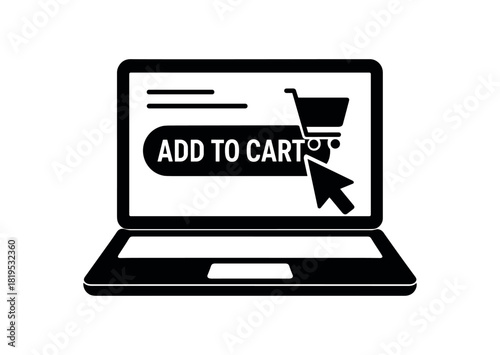 Laptop with add to cart button black silhouette with arrow and screen lines flat online shopping illustration