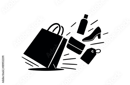 Shopping bag tipping over with items black silhouette with motion and product line details dynamic sale moment